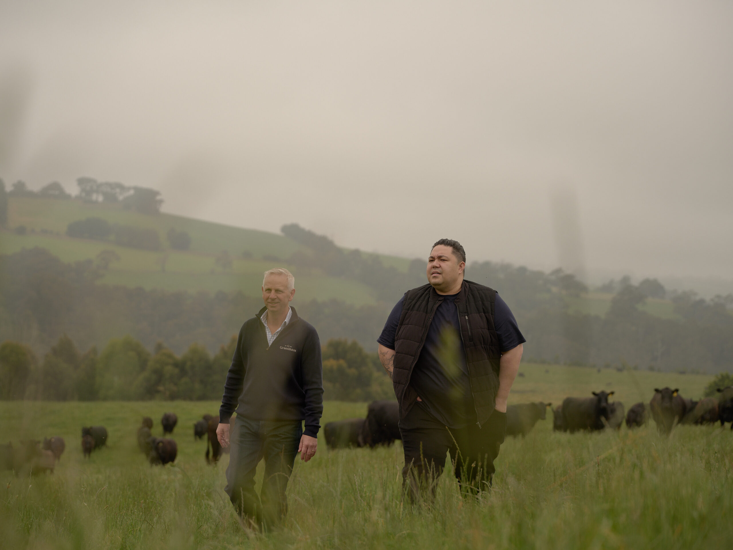 Dylan Sanding and Sean Kallady - Livestock Manager Greenham walking in paddock